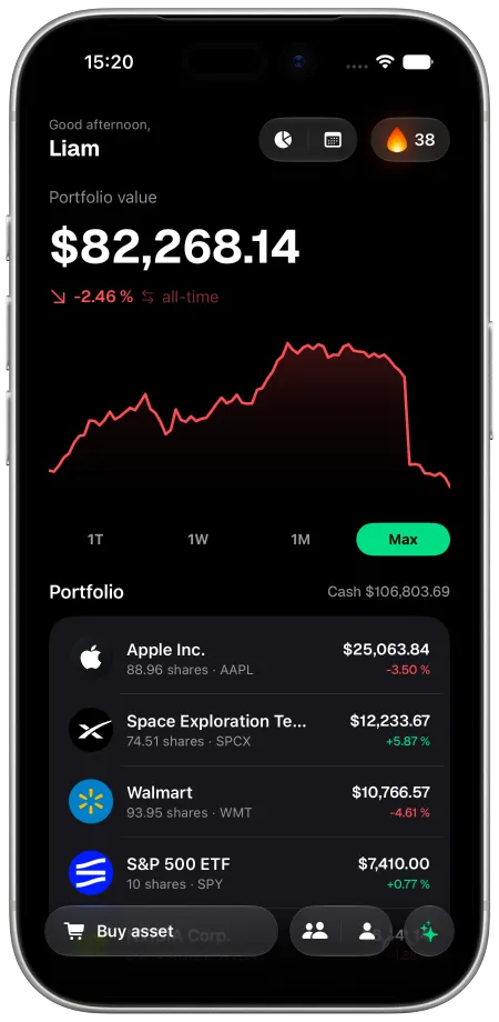Tradelino App: Apple-Aktie mit Live-Chart, Kauf- und Verkaufsbuttons im virtuellen Depot