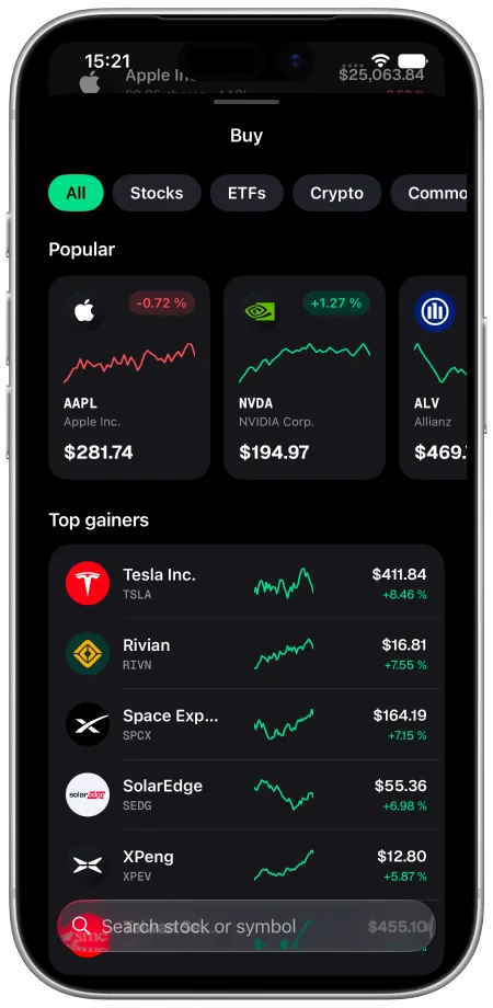 Tradelino App: Entdecken-Seite mit tausenden Aktien, ETFs und Kryptos