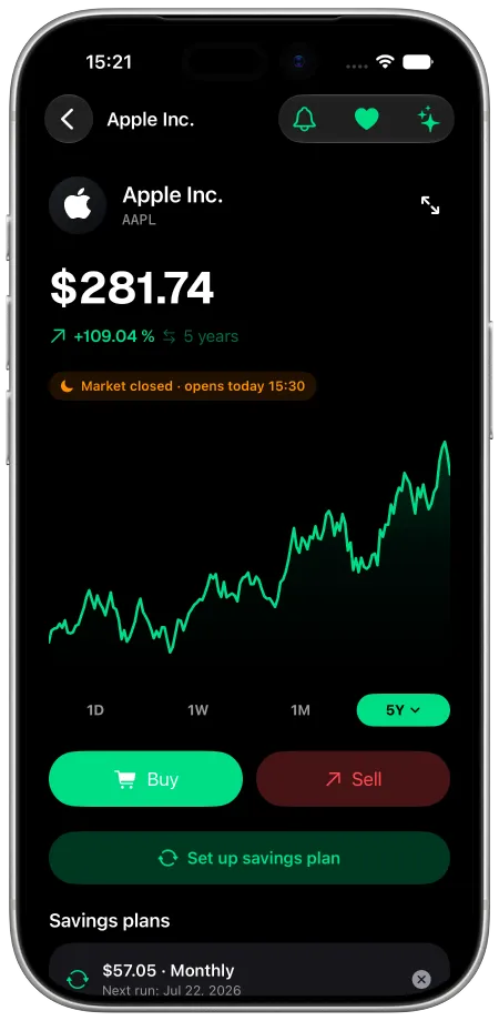 Tradelino App: Apple-Aktie mit Live-Chart, Kauf- und Verkaufsbuttons im virtuellen Depot