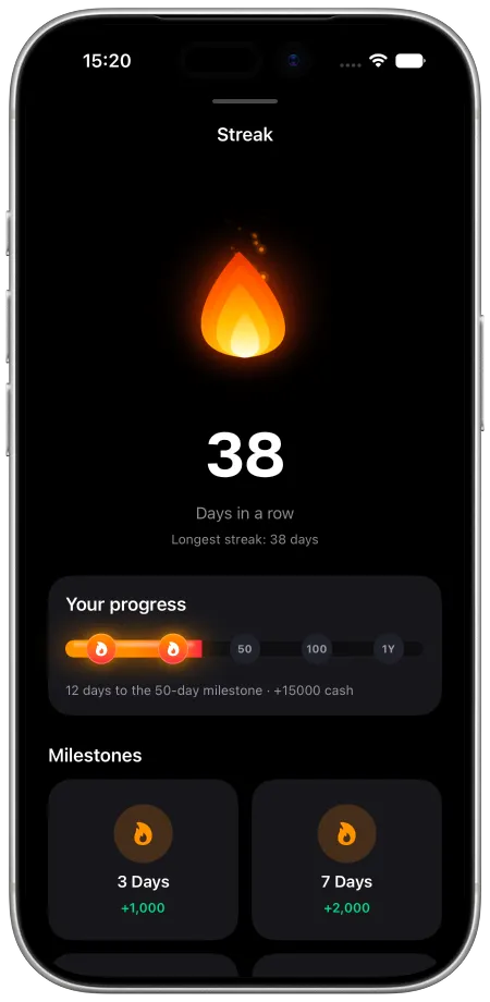 Tradelino App: Streak-Ansicht mit 38 Tagen in Folge und freigeschalteten Meilensteinen